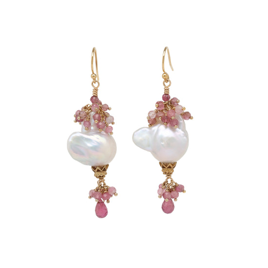 Pink Sapphire and Baroque Pearl Drop Earrings