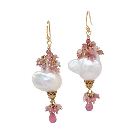 Pink Sapphire and Baroque Pearl Drop Earrings