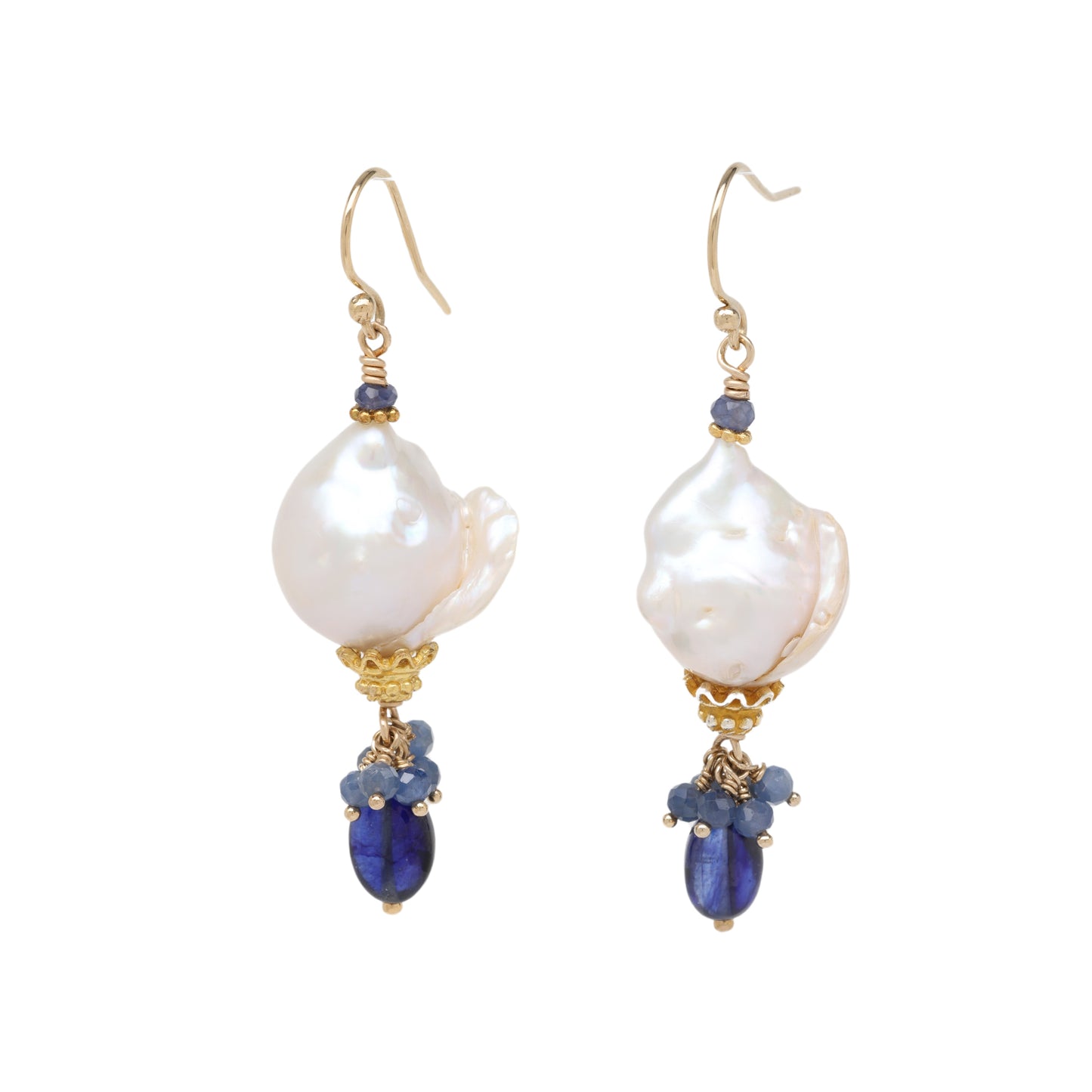 Blue Sapphire and Baroque Pearl Drop Earrings