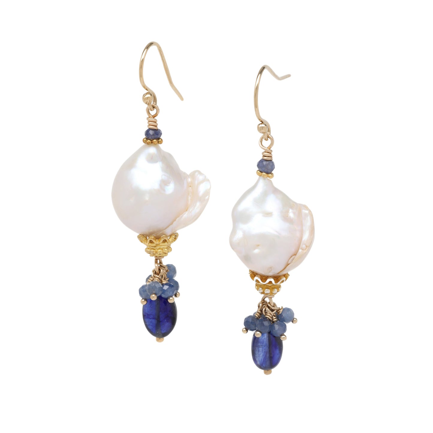 Blue Sapphire and Baroque Pearl Drop Earrings