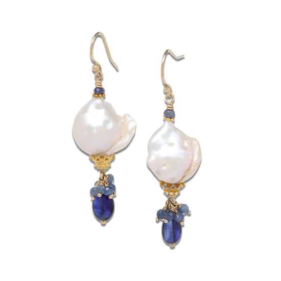 Blue Sapphire and Baroque Pearl Drop Earrings