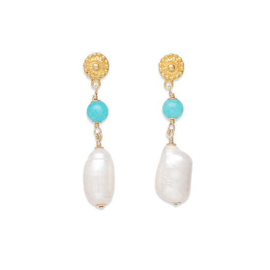Biwa Pearl and Amazonite Drop Earrings in Gold