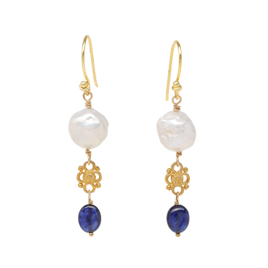 Blue Sapphire and Edison Pearl Drop Earrings