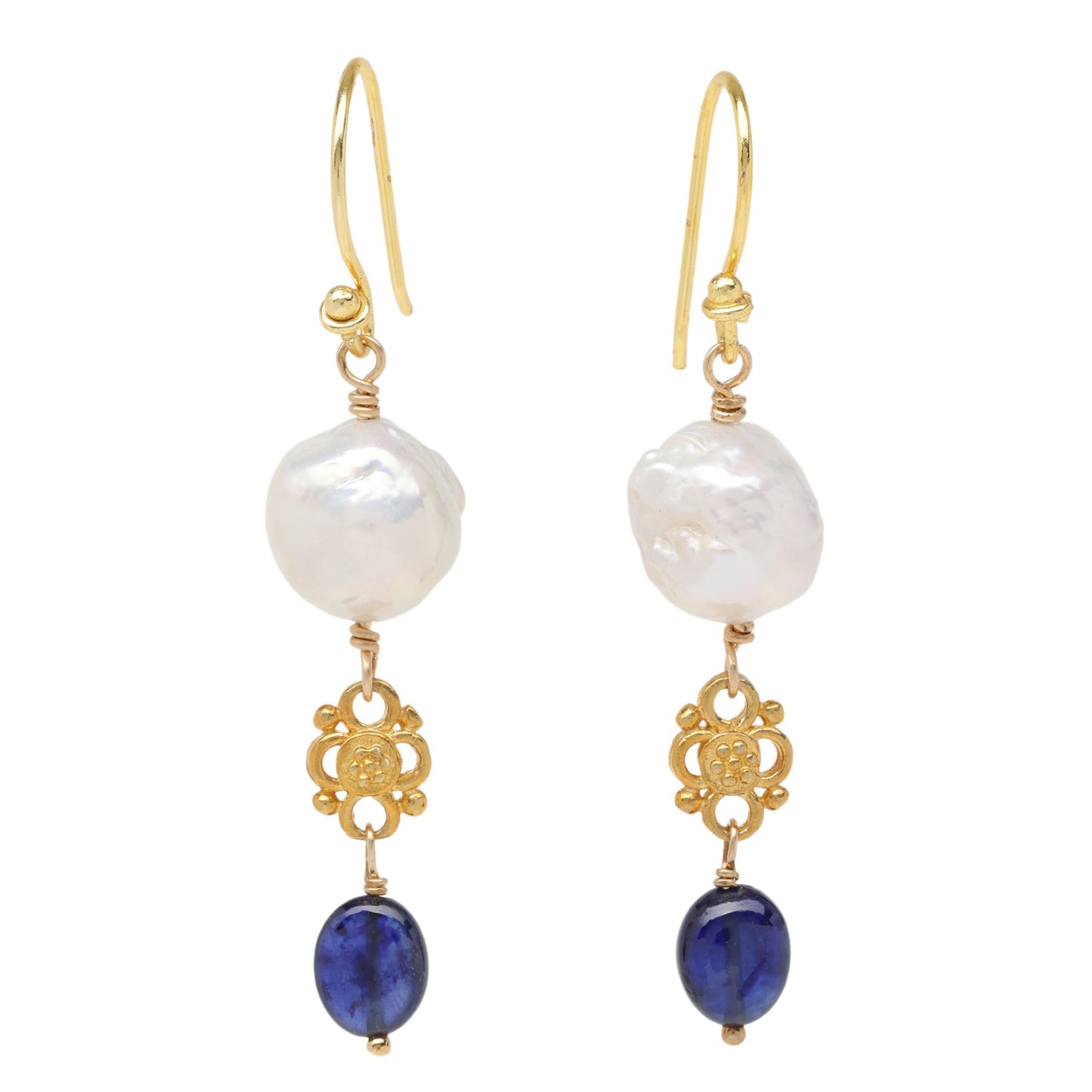 Blue Sapphire and Edison Pearl Drop Earrings