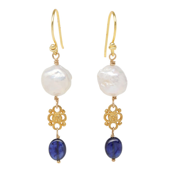 Blue Sapphire and Edison Pearl Drop Earrings