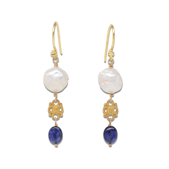 Blue Sapphire and Edison Pearl Drop Earrings