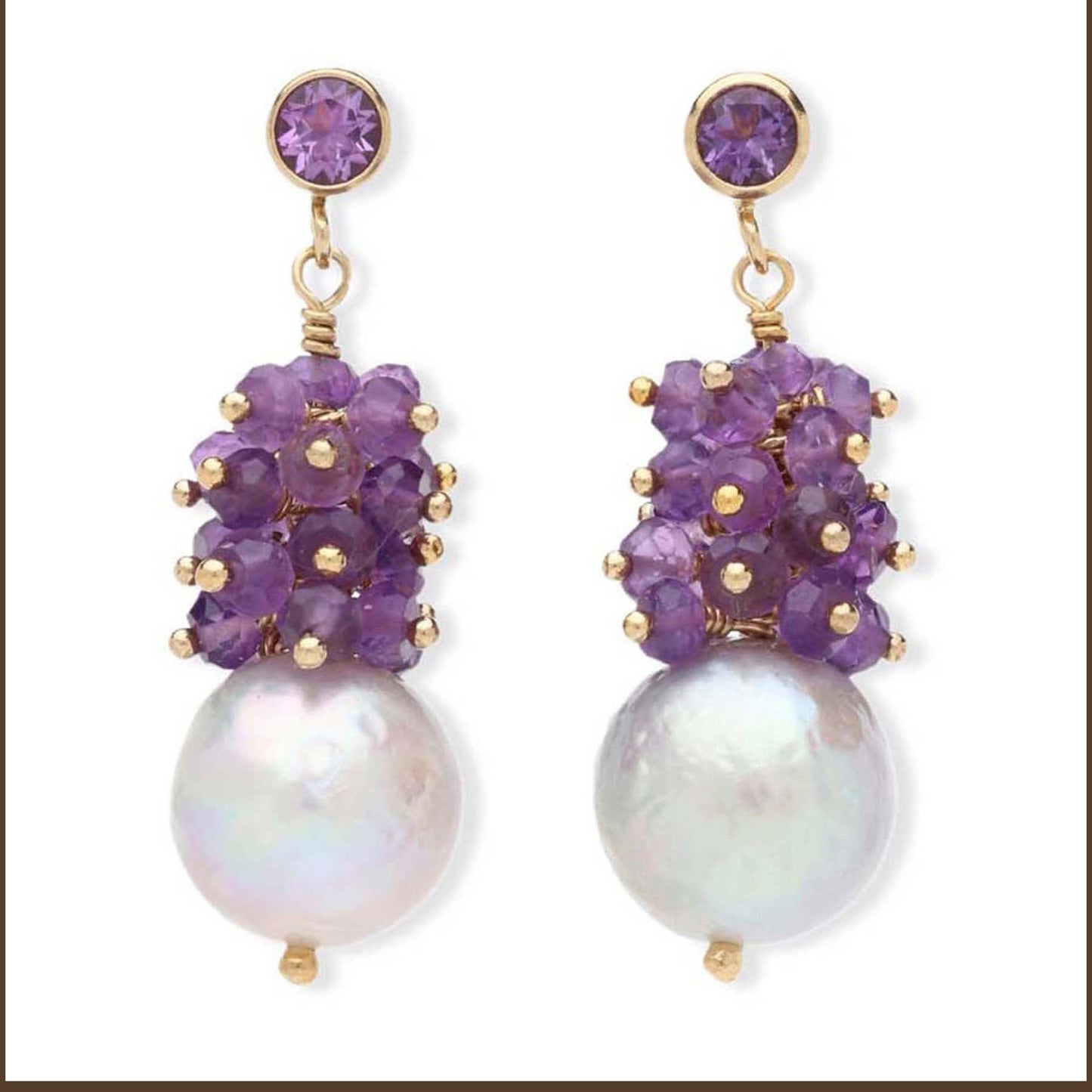 Grey Pearl and Amethyst Cluster Drop Earrings