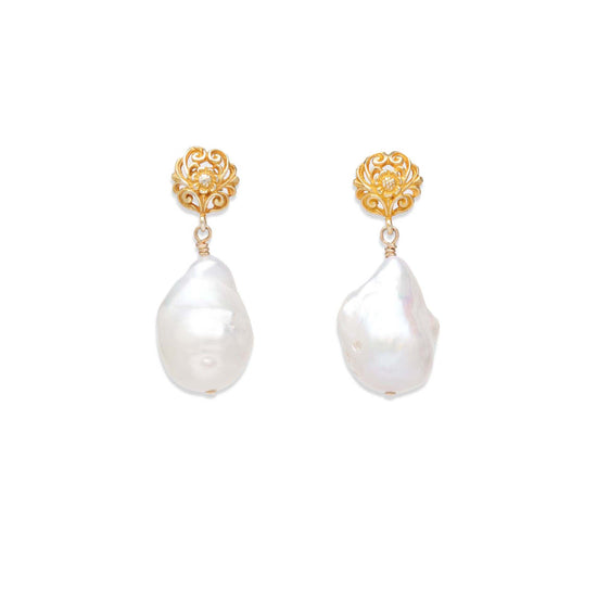 White Baroque Pearl Gold Filigree Drop Earrings