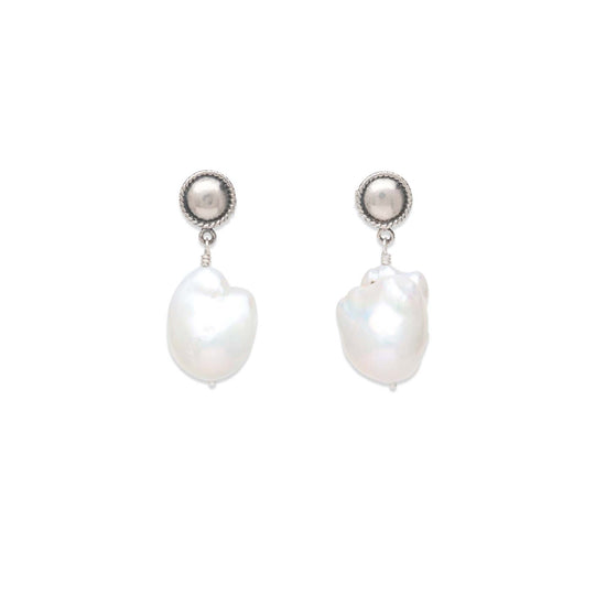 Baroque Pearl and Sterling Button Drop Earrings