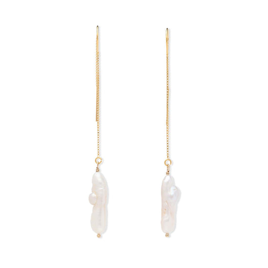 White Stick Pearl Gold Threader Earrings