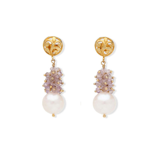 Pearl and PInk Amethyst Cluster Drop Earrings