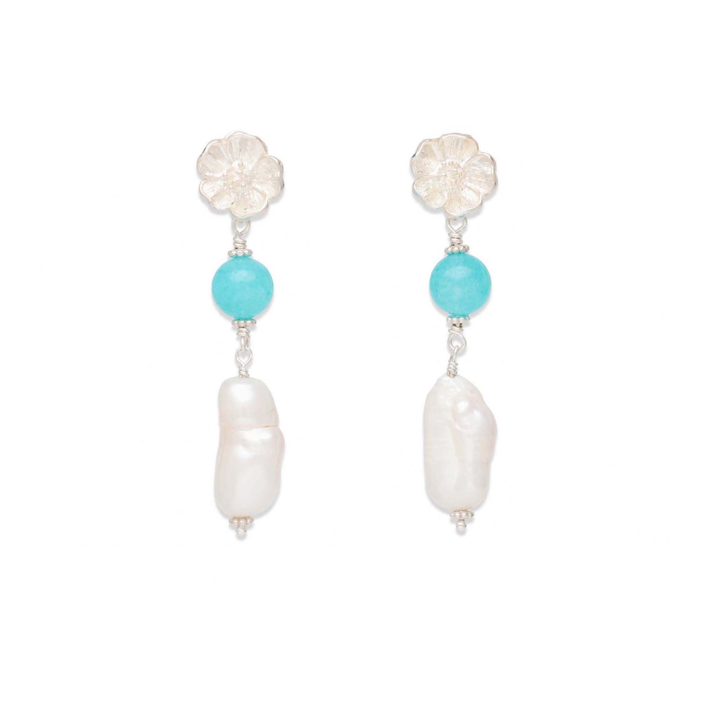Biwa Pearl and Amazonite Drop Earrings in Silver