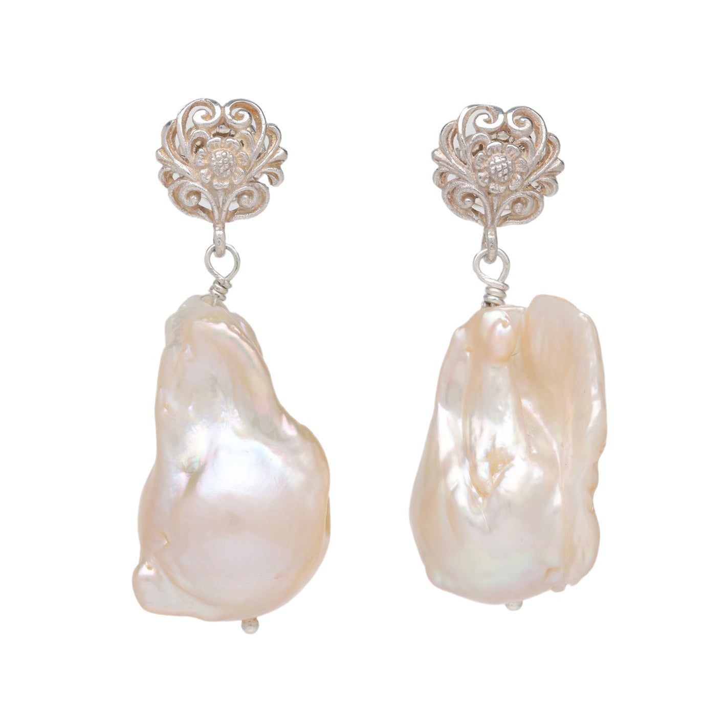 Champagne Pearl and Filigree Flower Post Earrings