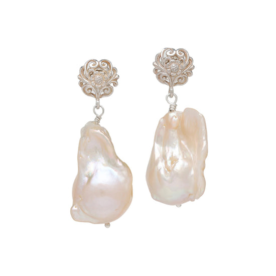 Champagne Pearl and Filigree Flower Post Earrings