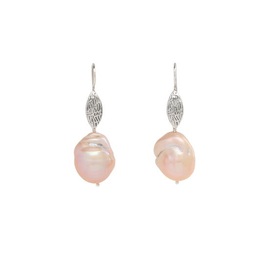 Silver Leaf Peach Baroque Pearl Earrings