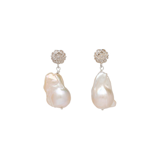 Champagne Pearl and Filigree Flower Post Earrings