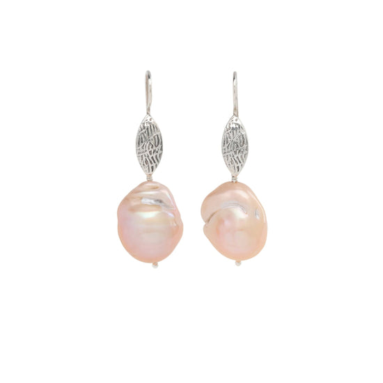 Silver Leaf Peach Baroque Pearl Earrings