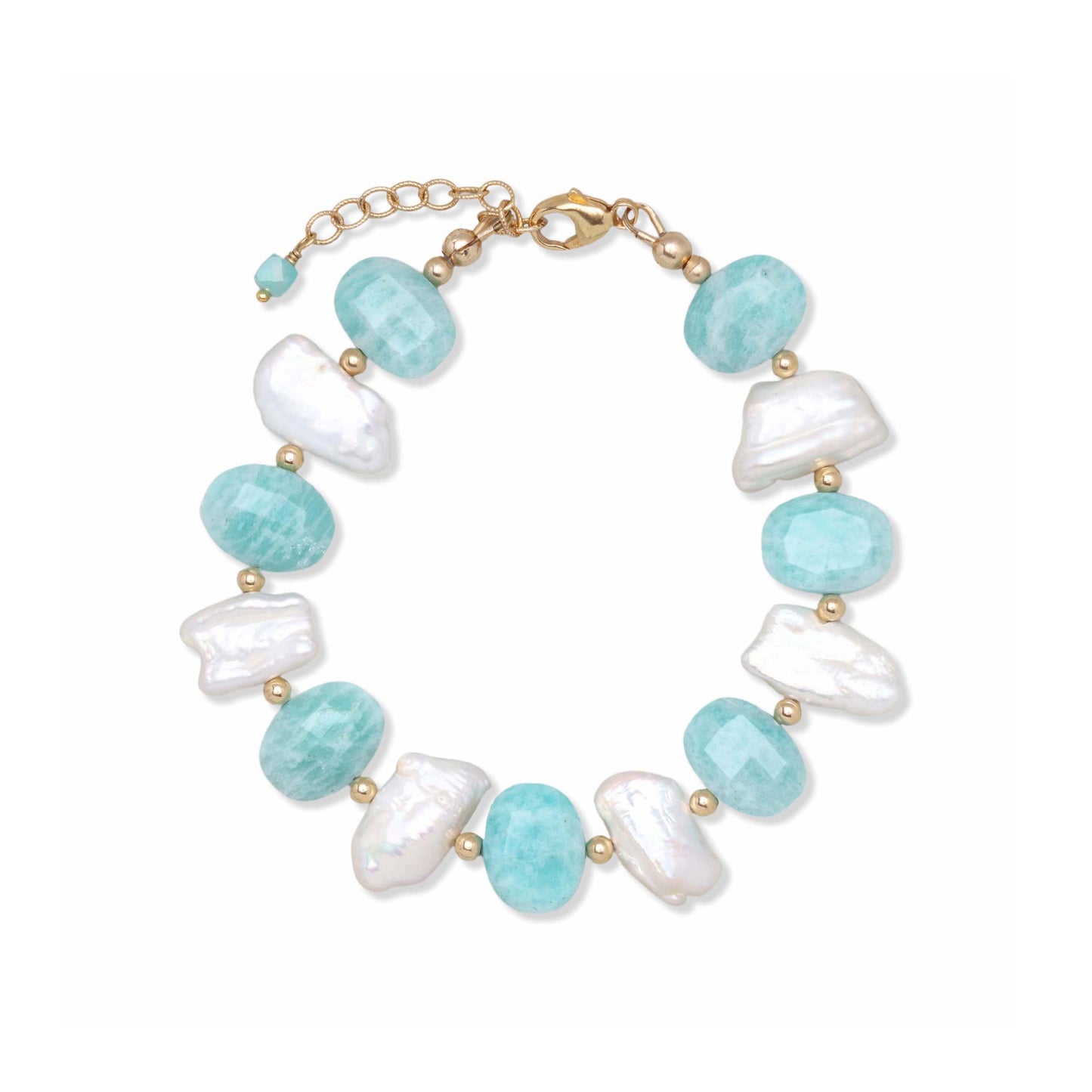 White biwa pearl and faceted amazonite bracelet with gold filled beads and clasp