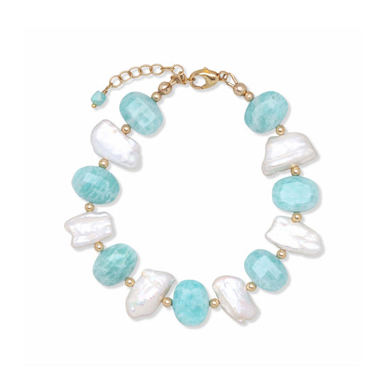 White biwa pearl and faceted amazonite bracelet with gold filled beads and clasp